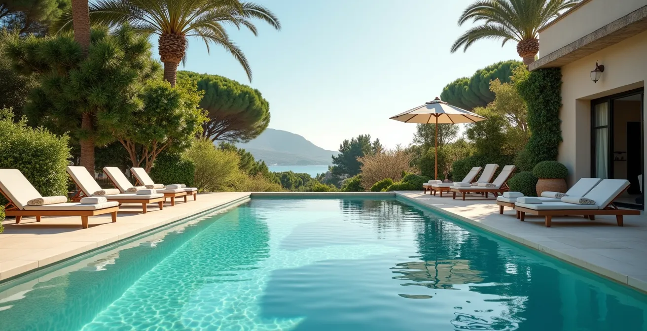 Heated infinity pool with lounge area and Mediterranean garden at a Saint Tropez villa
