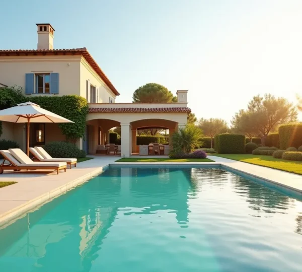 A luxury private villa in Saint Tropez with Mediterranean architecture, elegant pool, lush gardens, and soft golden hour lighting, with negative space and balanced composition