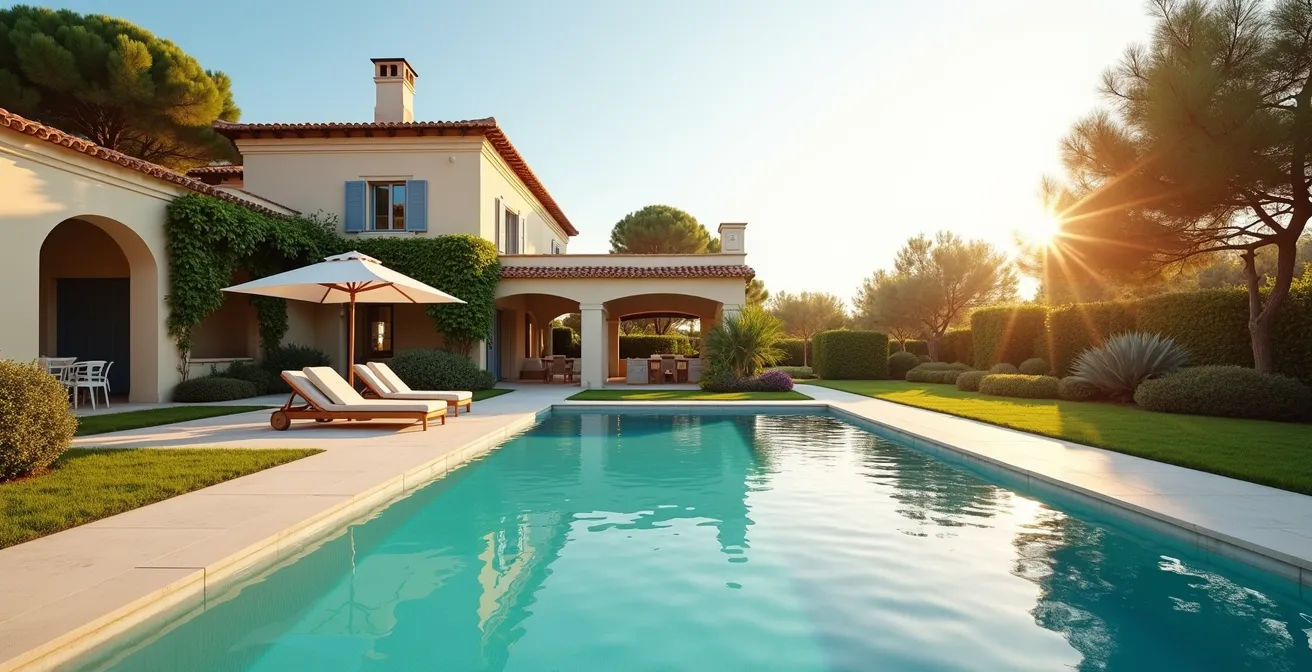 A luxury private villa in Saint Tropez with Mediterranean architecture, elegant pool, lush gardens, and soft golden hour lighting, with negative space and balanced composition