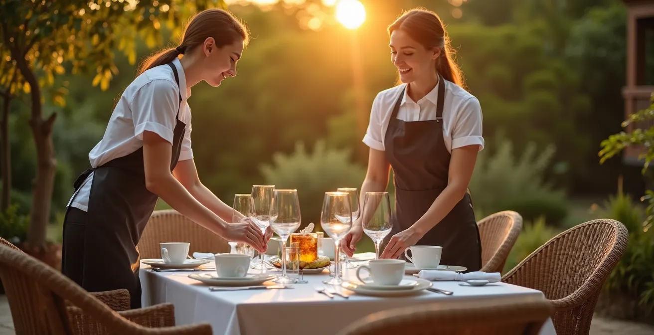 Villa staff preparing private dining experience in elegant outdoor setting