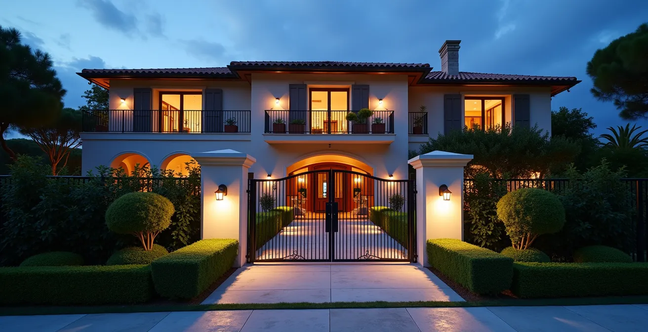Evening view of a gated luxury villa entrance with subtle security lighting and landscaped surroundings