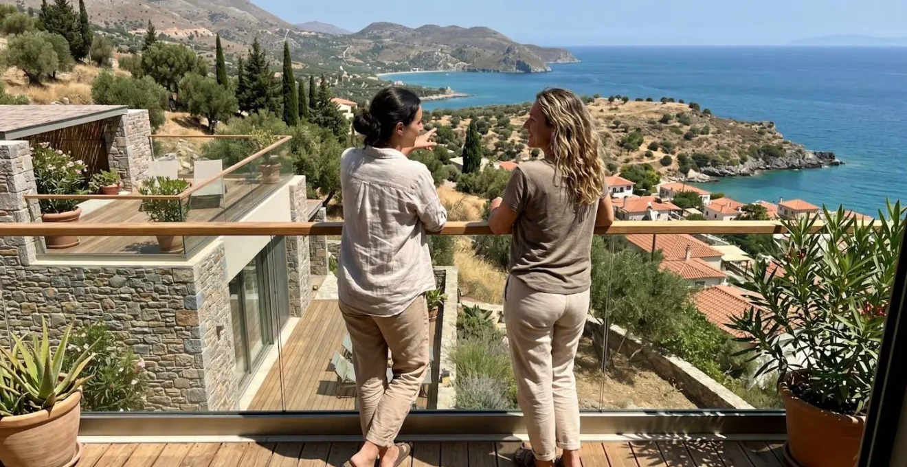 Two travelers in casual clothing standing on a terrace viewing Mediterranean landscape, photographed from behind in natural afternoon light