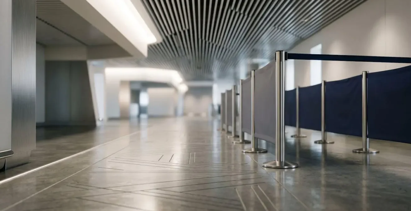 Airport priority security lane with clear directional flow showing efficient family processing