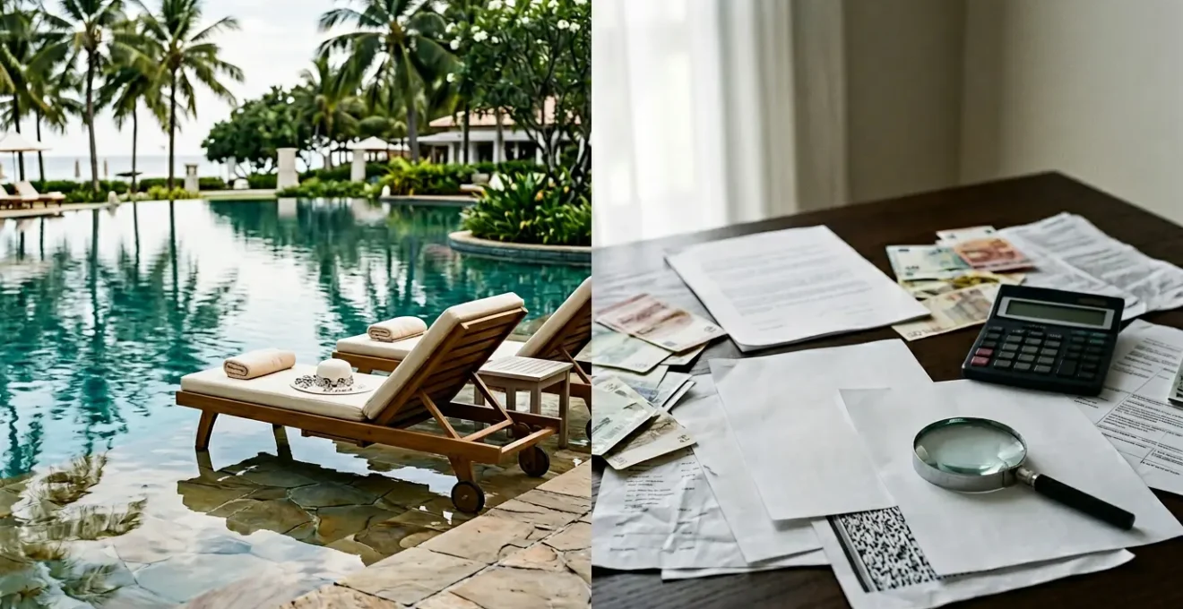 Traveler contemplating vacation choice at crossroads between luxury resort and authentic local experience