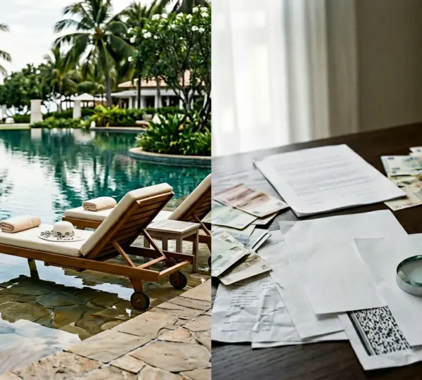 Traveler contemplating vacation choice at crossroads between luxury resort and authentic local experience