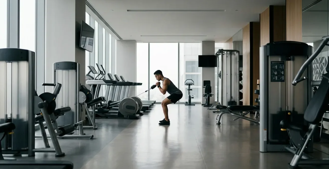 Wide view of modern hotel fitness center with professional athlete using equipment during travel