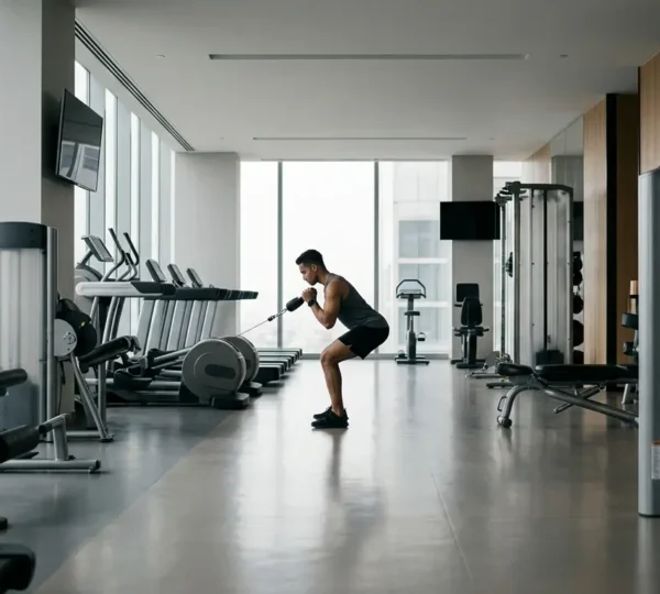 Wide view of modern hotel fitness center with professional athlete using equipment during travel
