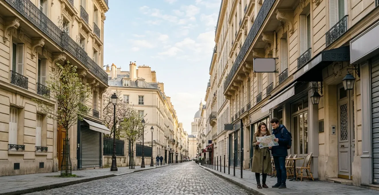 Elegant Parisian street view showing classic Haussmanian architecture with travelers walking past charming boutique hotels
