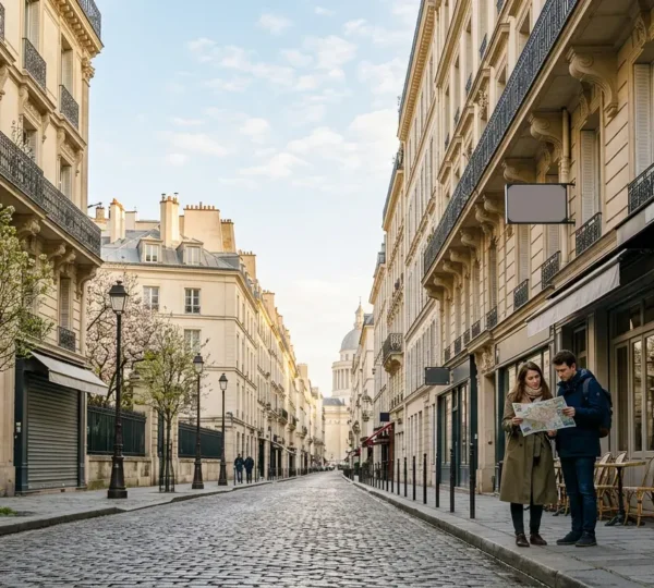 Elegant Parisian street view showing classic Haussmanian architecture with travelers walking past charming boutique hotels