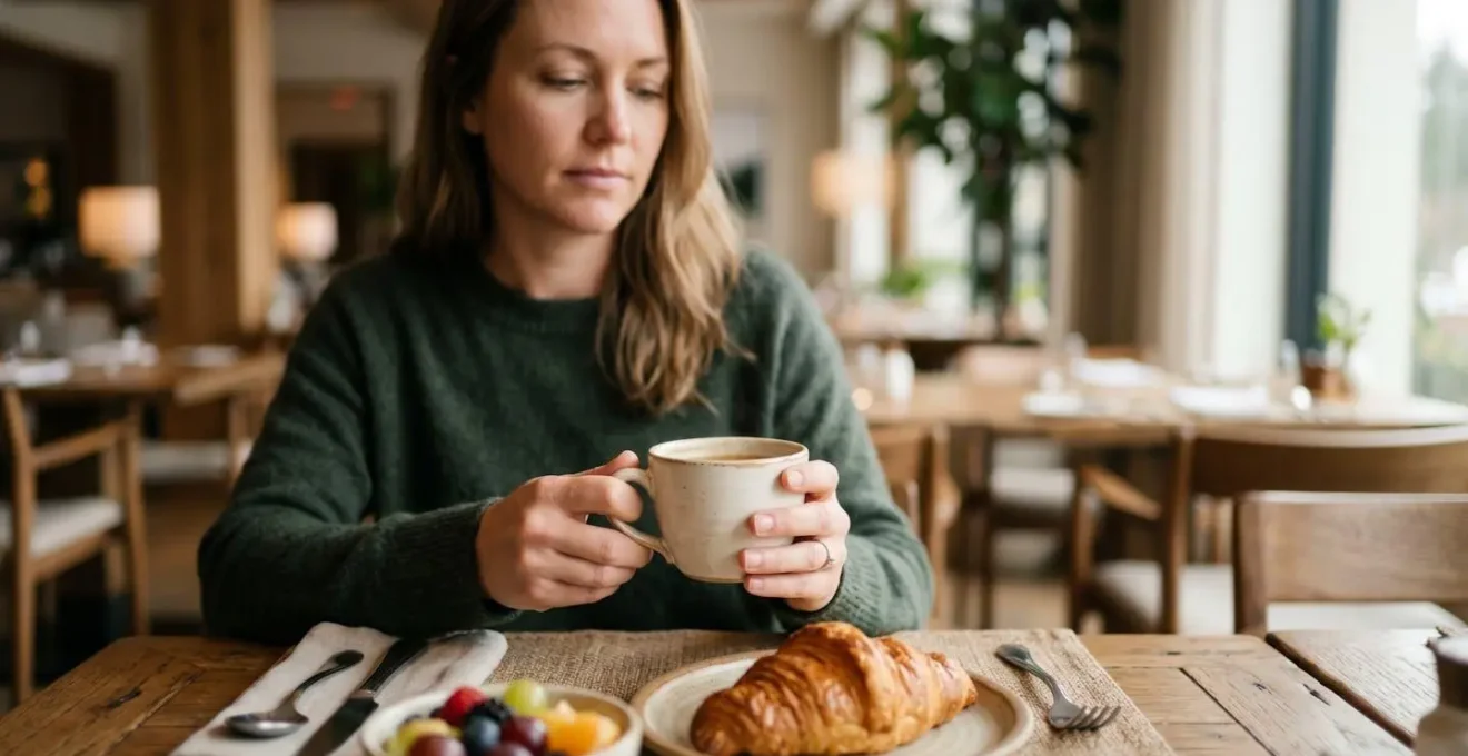 Traveler evaluating breakfast value through personal calculation framework