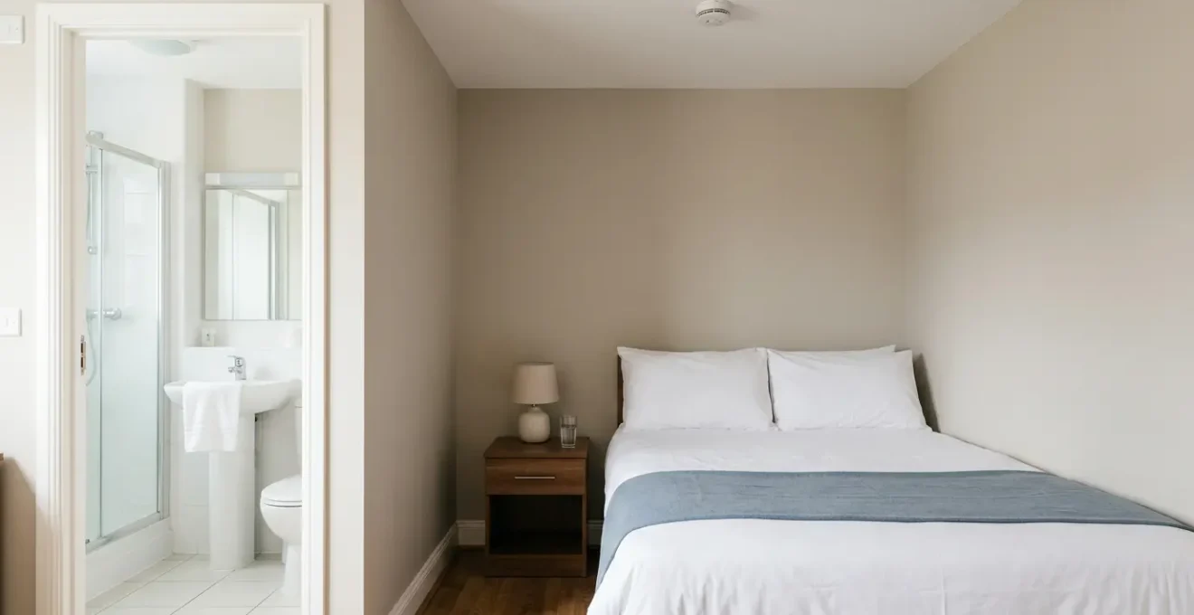 A professionally cleaned budget hotel room showing attention to hygiene standards and safety features