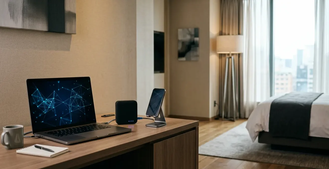 Professional business traveler working on laptop in modern hotel room with stable WiFi connection