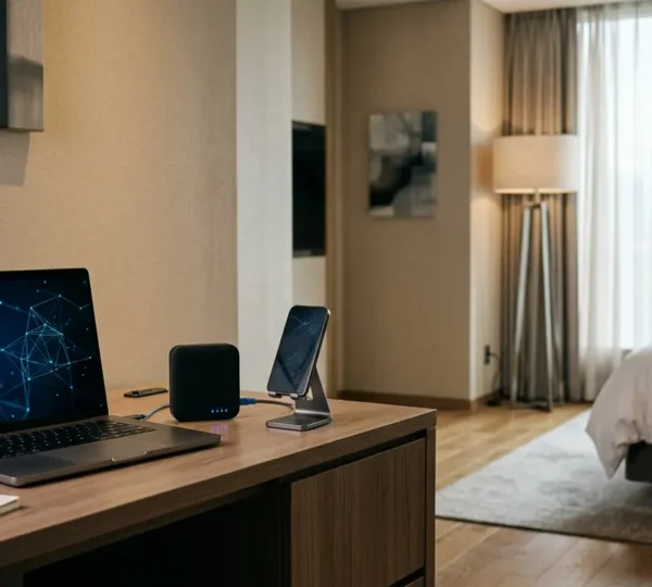 Professional business traveler working on laptop in modern hotel room with stable WiFi connection