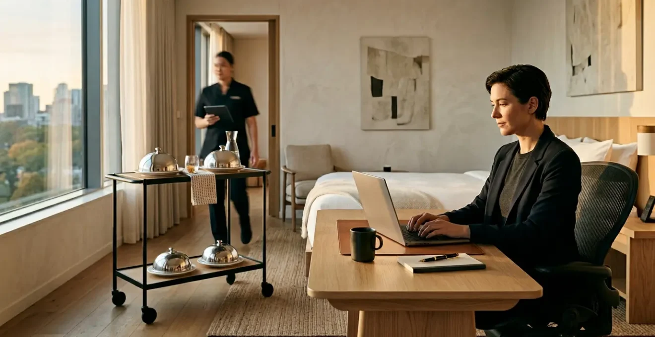 Business professional efficiently working in modern hotel room while room service tray arrives
