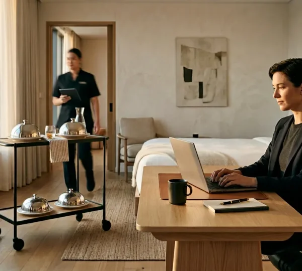 Business professional efficiently working in modern hotel room while room service tray arrives