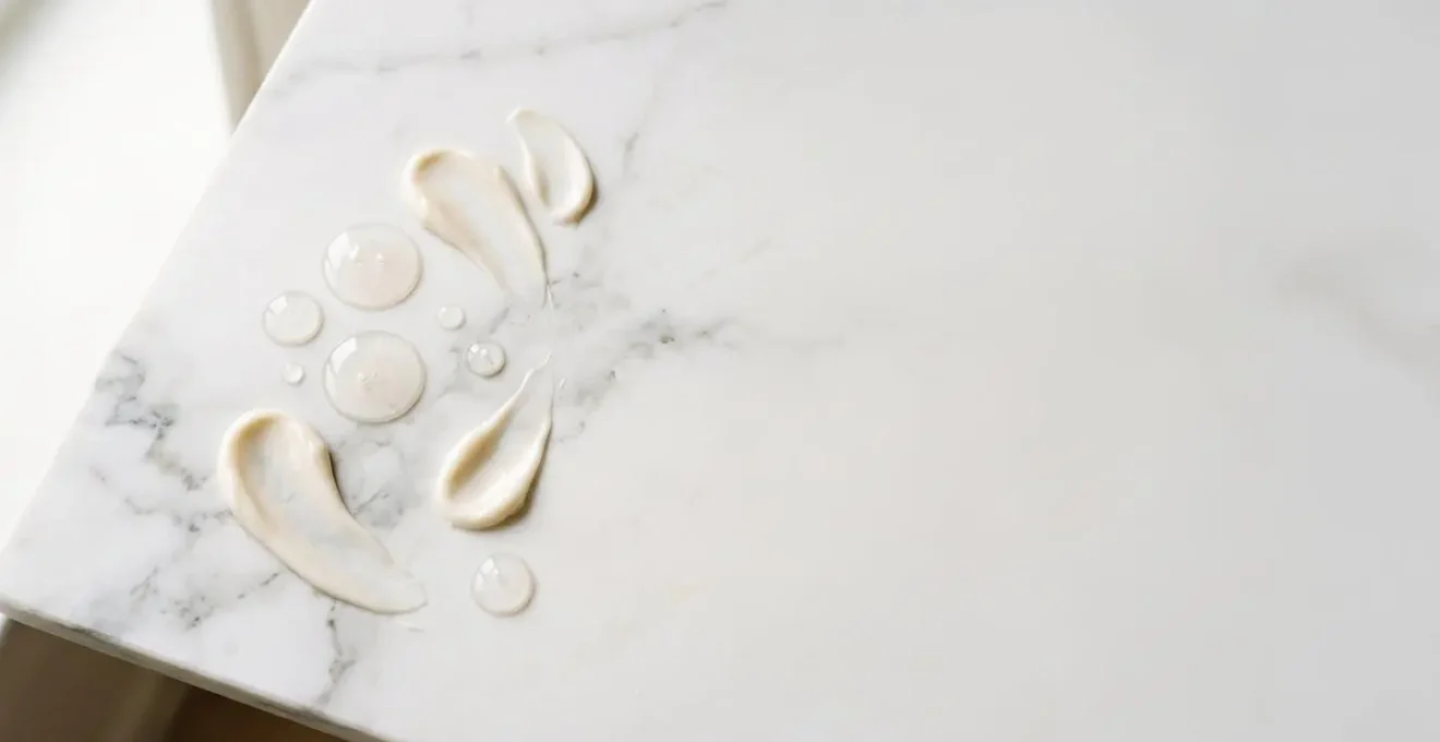 Minimalist arrangement of barrier-repair skincare ceramides and hyaluronic acid serum droplets