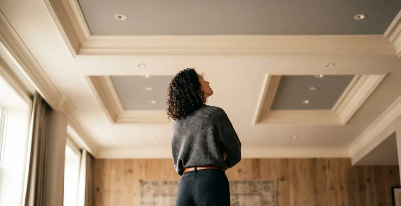 Atmospheric hotel room interior emphasizing vertical space and ceiling dimension impact on perceived openness