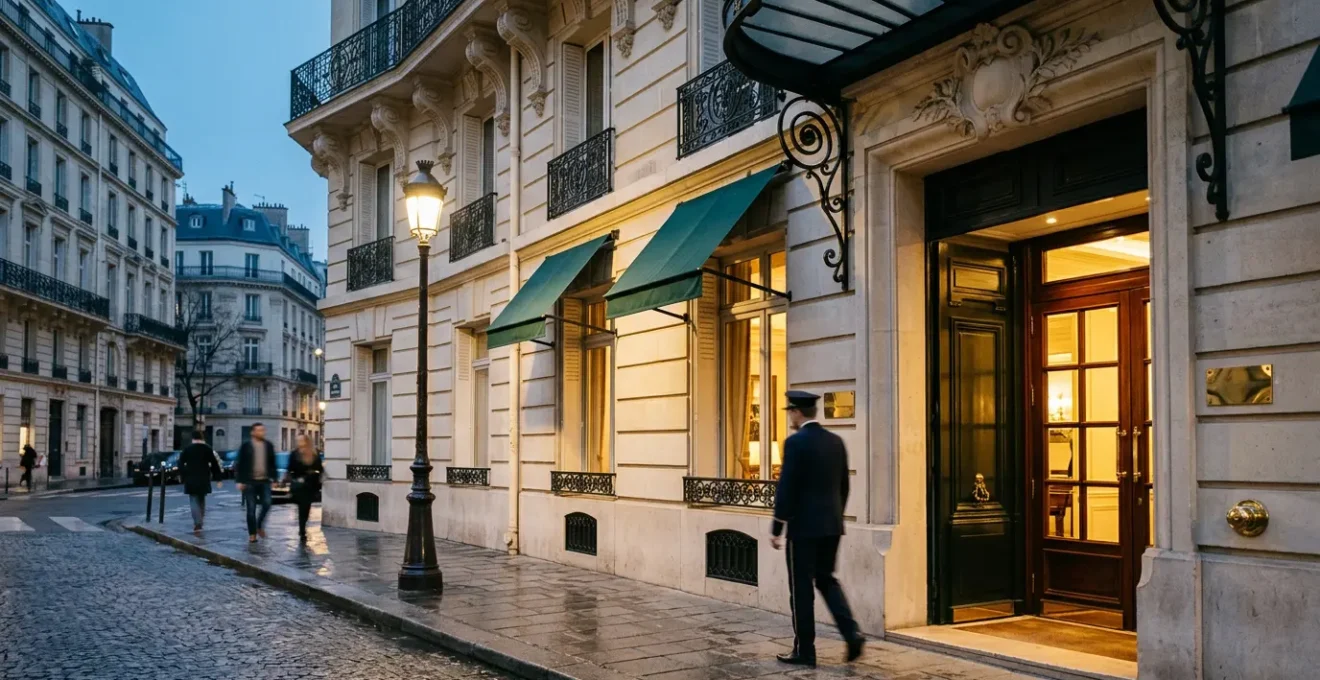 Elegant Parisian hotel entrance with historic architecture reflecting timeless hospitality