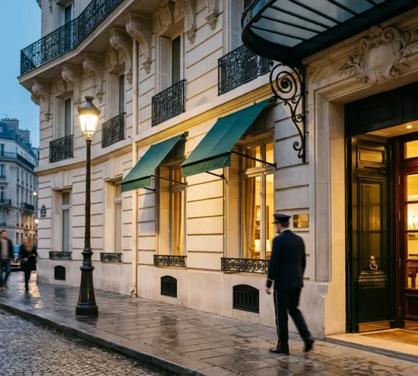 Elegant Parisian hotel entrance with historic architecture reflecting timeless hospitality