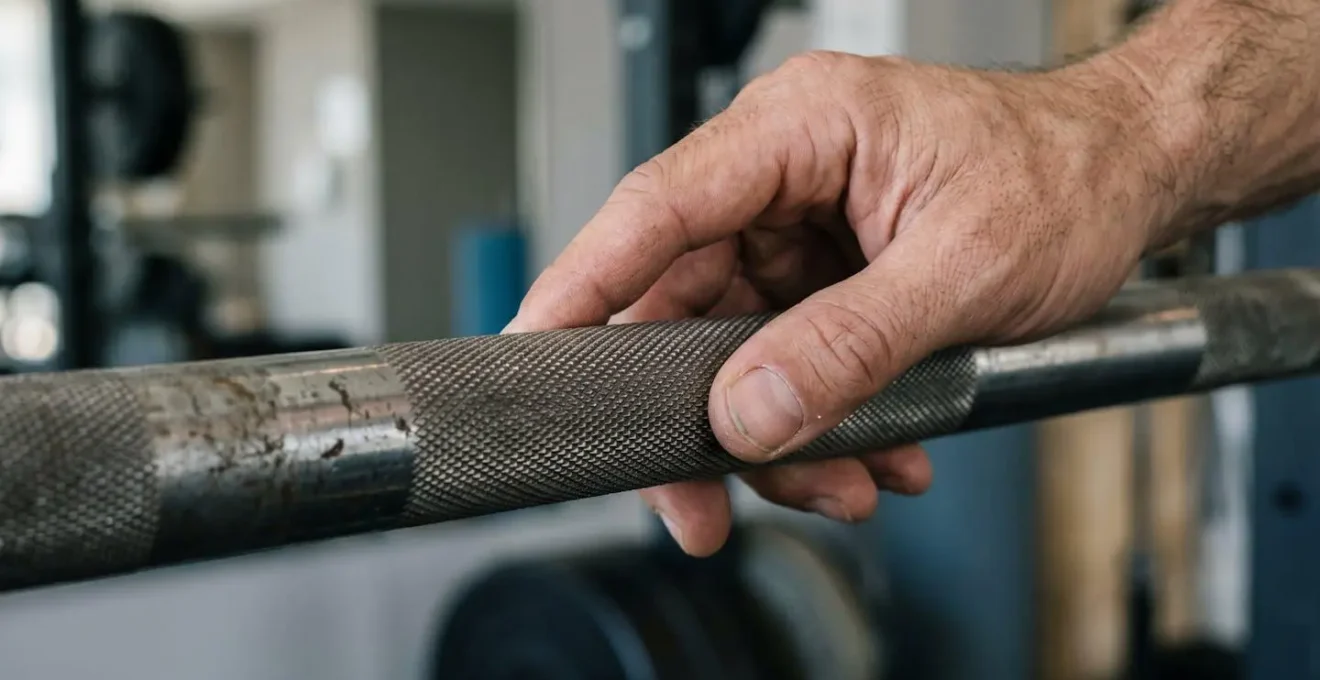 Close-up view of athlete's hands examining free weight equipment quality in hotel gym setting