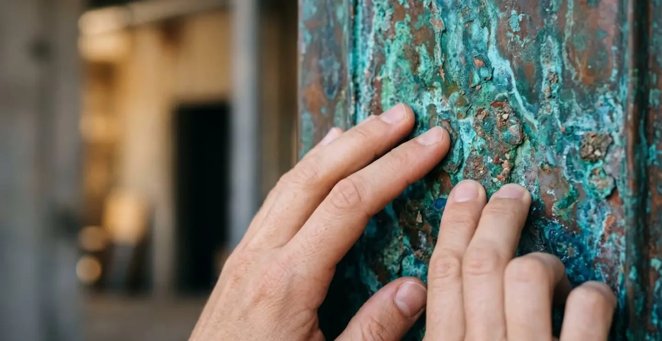 Close-up of hands touching unfamiliar textured surface in novel environment