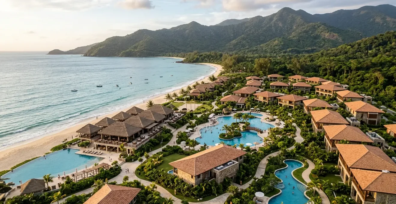 Aerial view of a luxury all-inclusive resort complex with multiple pools and accommodation buildings
