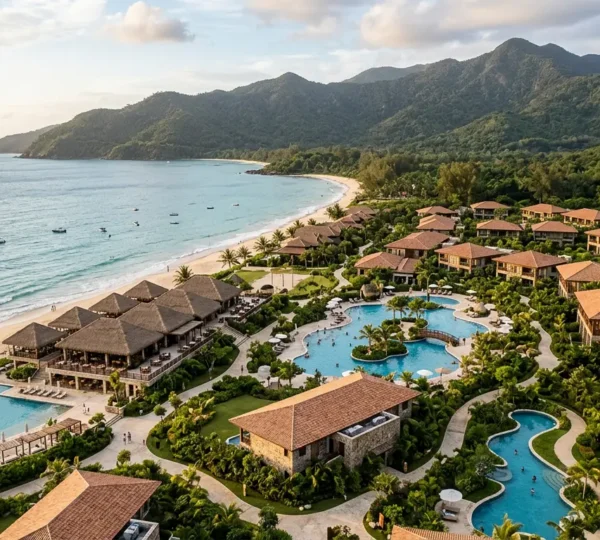 Aerial view of a luxury all-inclusive resort complex with multiple pools and accommodation buildings