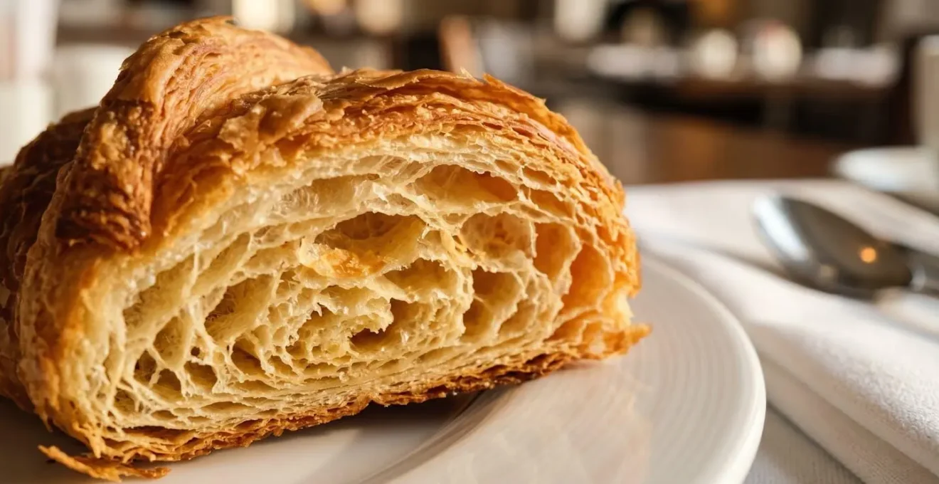 Close-up detail of fresh continental breakfast pastry showing quality indicators