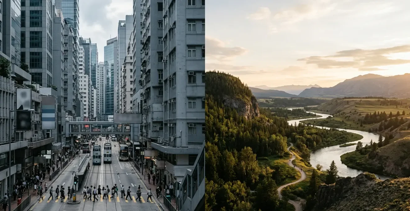 Visual juxtaposition showcasing environmental contrast for mental restoration through travel