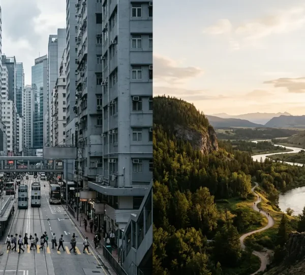 Visual juxtaposition showcasing environmental contrast for mental restoration through travel