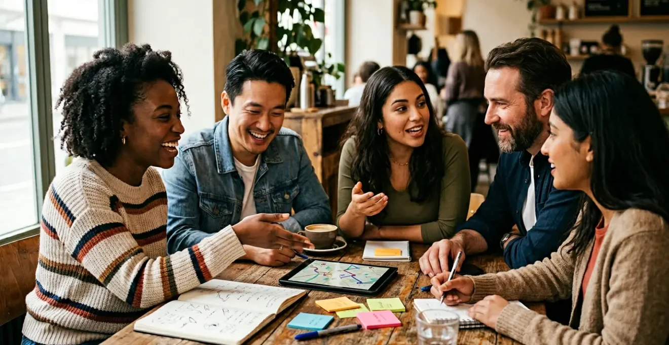 Diverse group of friends gathered around a table collaboratively planning travel itinerary with maps and devices