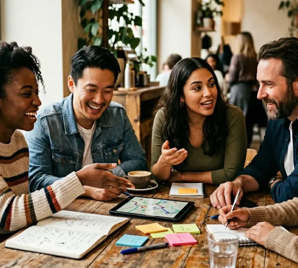 Diverse group of friends gathered around a table collaboratively planning travel itinerary with maps and devices