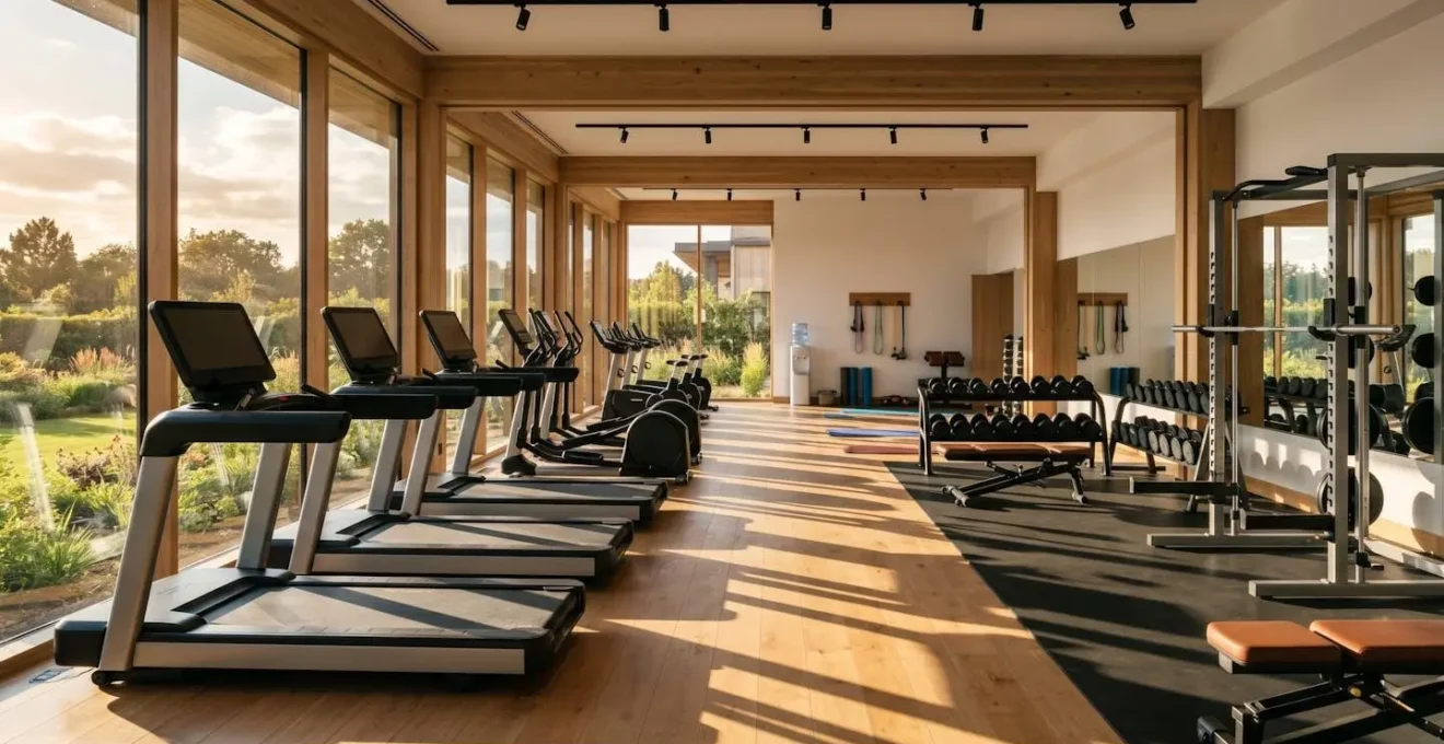 Serene wide view of unoccupied hotel fitness center during off-peak golden hour with natural afternoon light