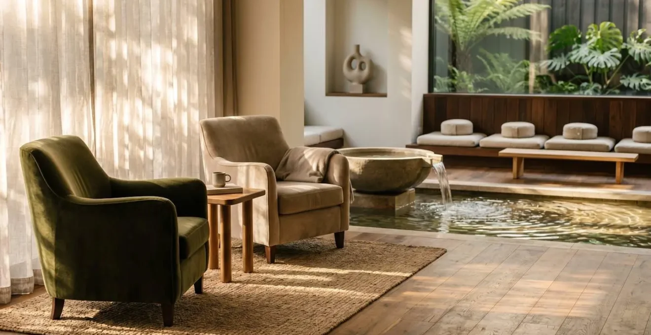 Tranquil empty hotel relaxation lounge during afternoon golden hour with soft natural lighting and undisturbed seating areas
