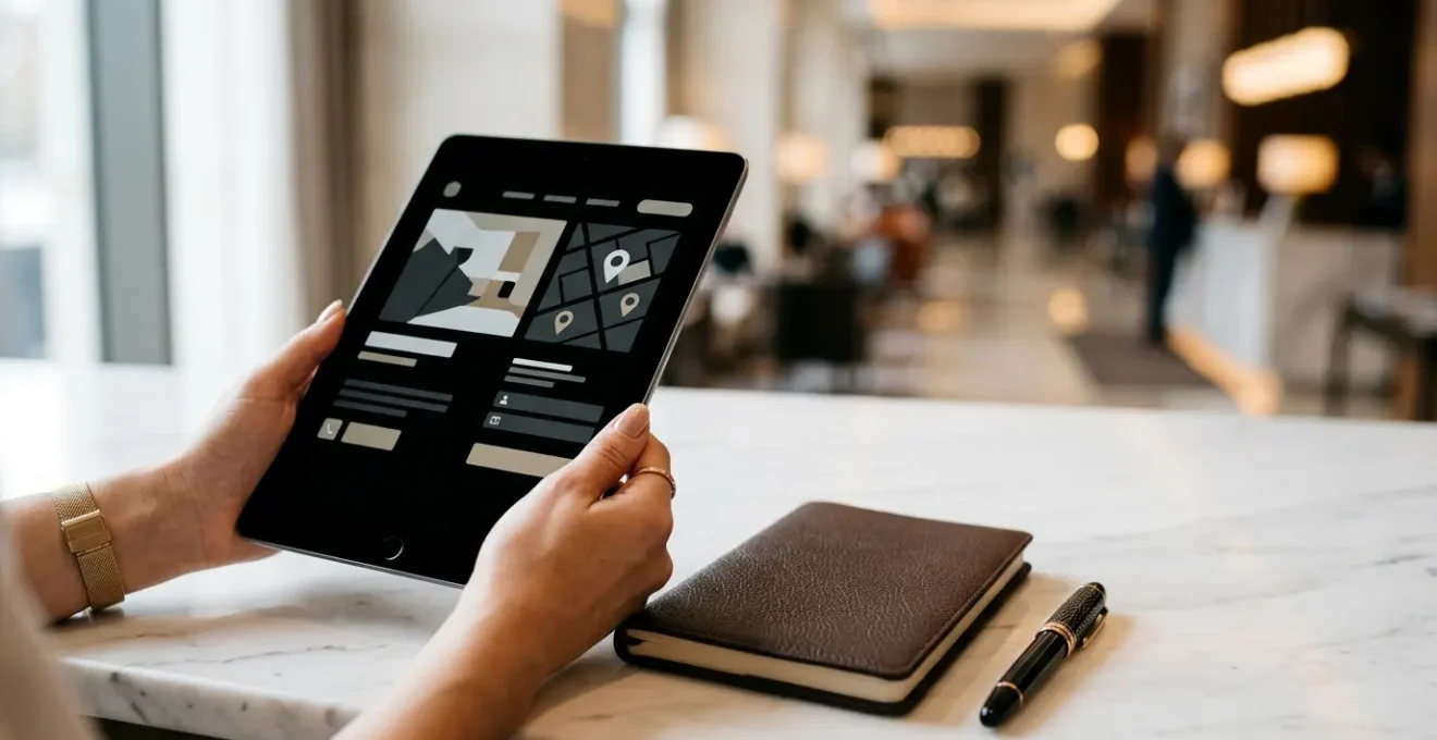 Professional guest examining luxury hotel service details during decision-making process