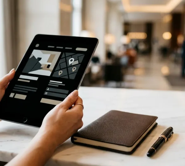 Professional guest examining luxury hotel service details during decision-making process