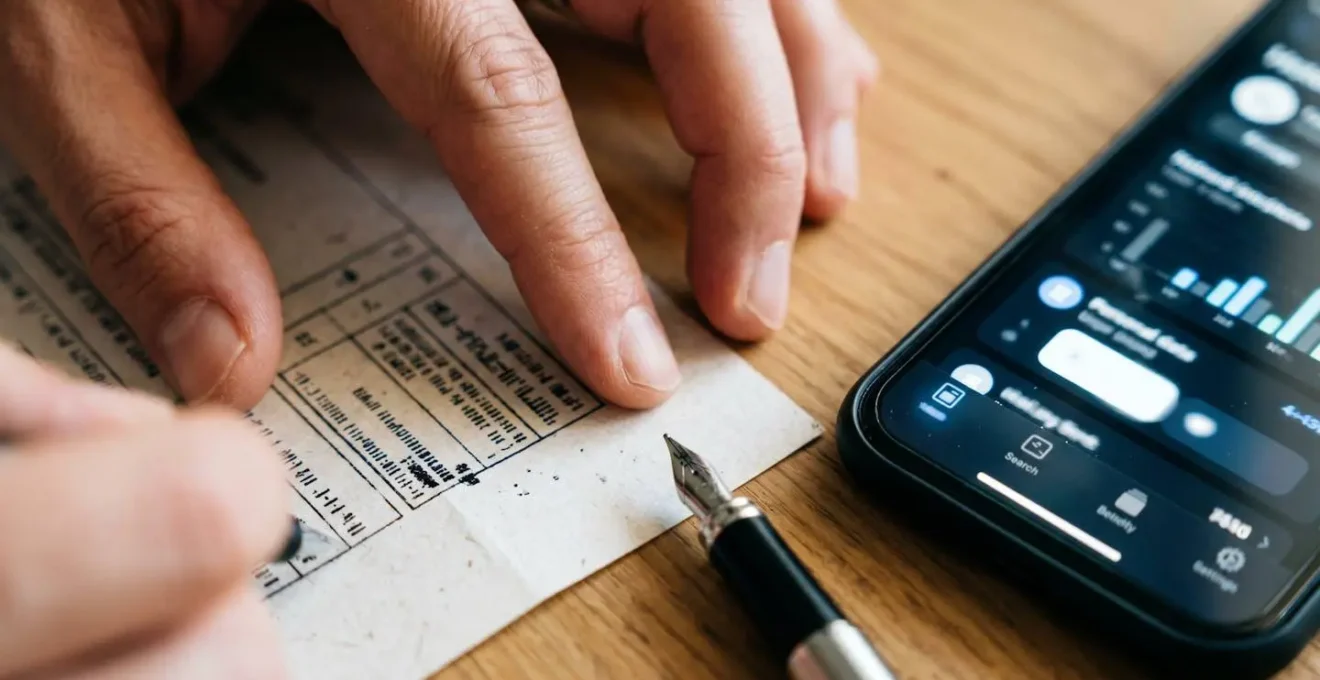 Close-up macro photograph of hands carefully organizing hotel booking documents and digital screenshots as evidence for consumer protection
