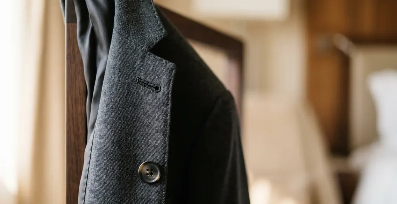 Professional business attire detail showcasing fabric texture and garment quality in elegant hotel setting
