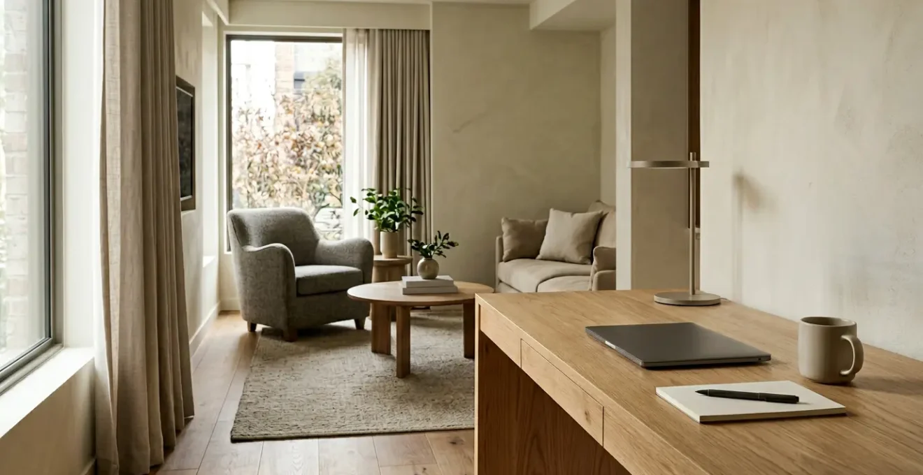 Professional workspace setup in extended stay hotel suite showcasing business productivity