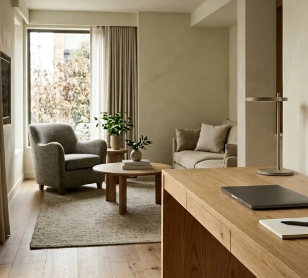 Professional workspace setup in extended stay hotel suite showcasing business productivity
