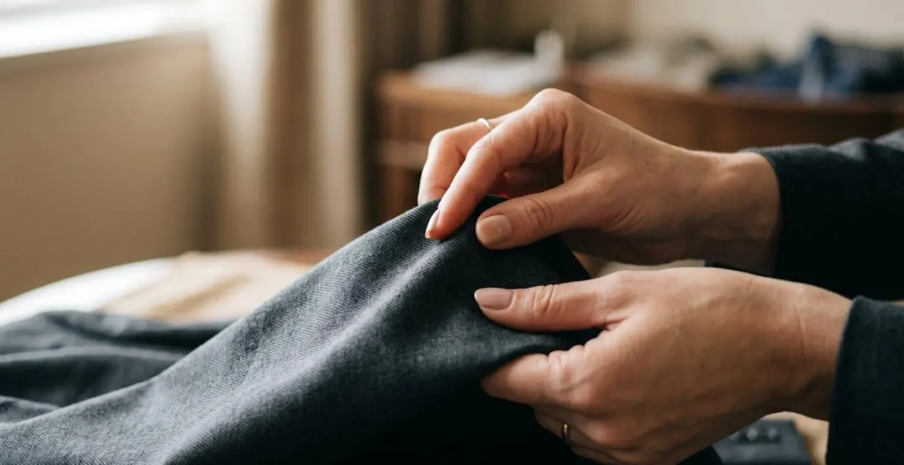 Close-up detail of hands inspecting luxury fabric texture showing garment quality assessment