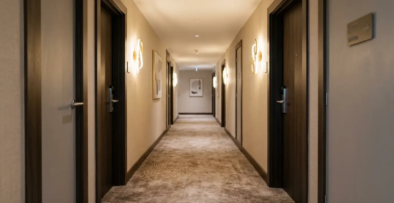 Two hotel room doors side by side with connecting interior door providing family proximity and personal space