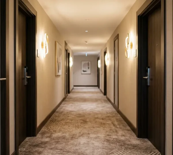 Two hotel room doors side by side with connecting interior door providing family proximity and personal space