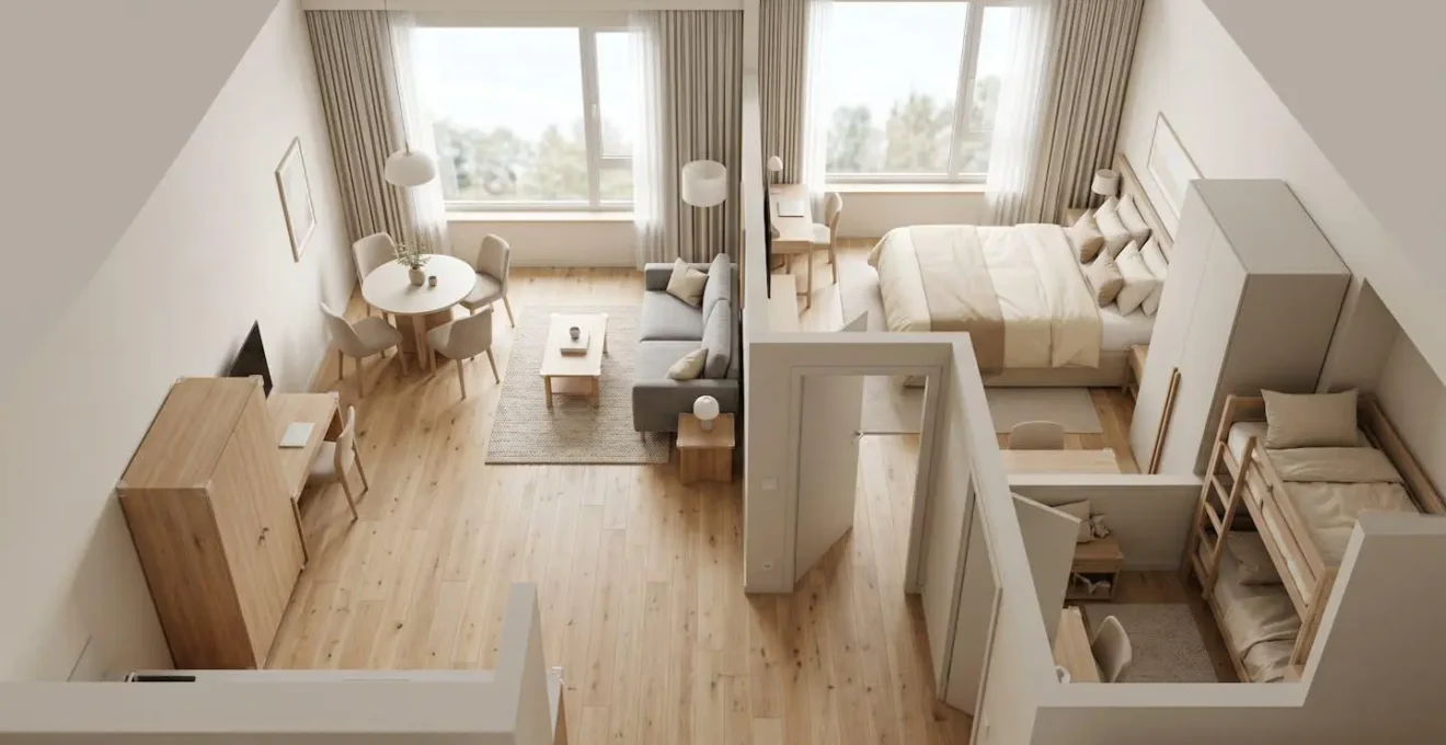 Hotel family suite setup showing spatial arrangements and child safety features