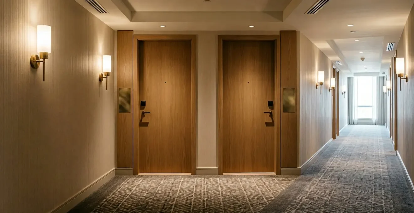 Modern hotel hallway showing adjacent room doors with warm lighting and family-friendly atmosphere