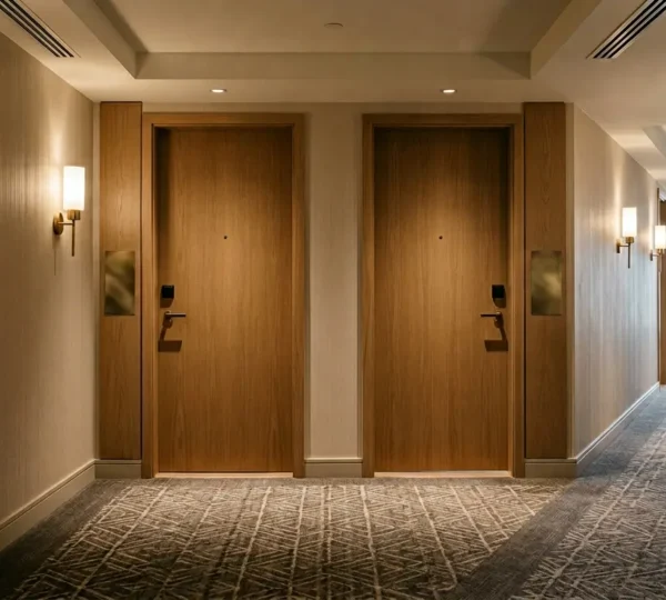 Modern hotel hallway showing adjacent room doors with warm lighting and family-friendly atmosphere
