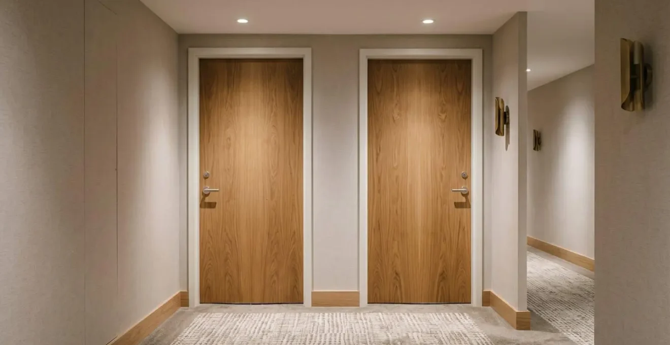 Two adjacent hotel room doors with subtle connecting door detail illustrating family accommodation challenges