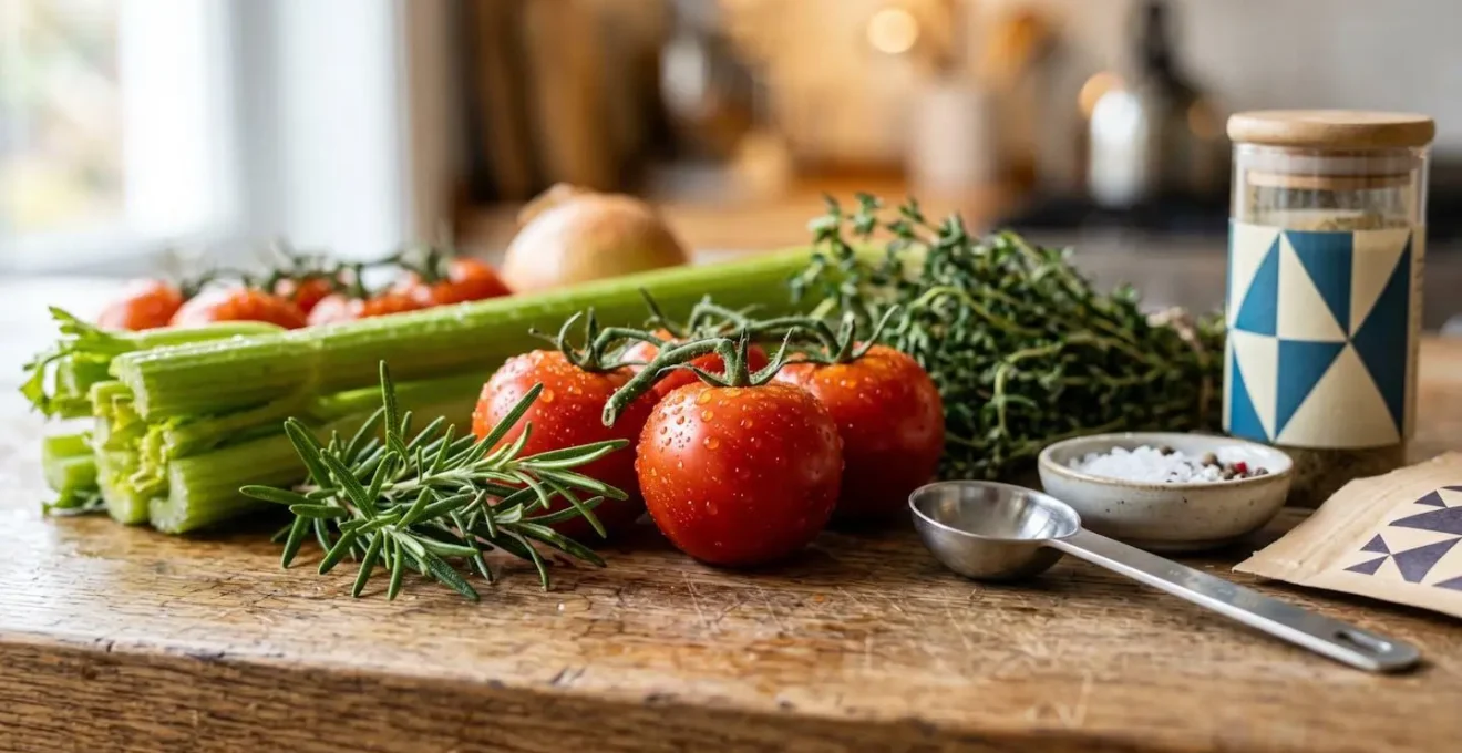 Close-up of fresh organic ingredients and cooking utensils arranged on a modern kitchen counter, representing the self-catering flexibility advantage for families with dietary restrictions