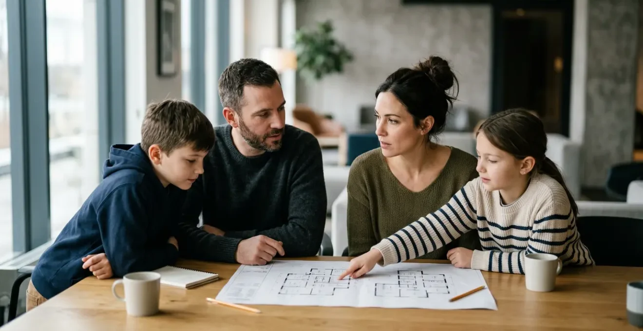 Family contemplating hotel room layout decisions with calm thoughtful expression