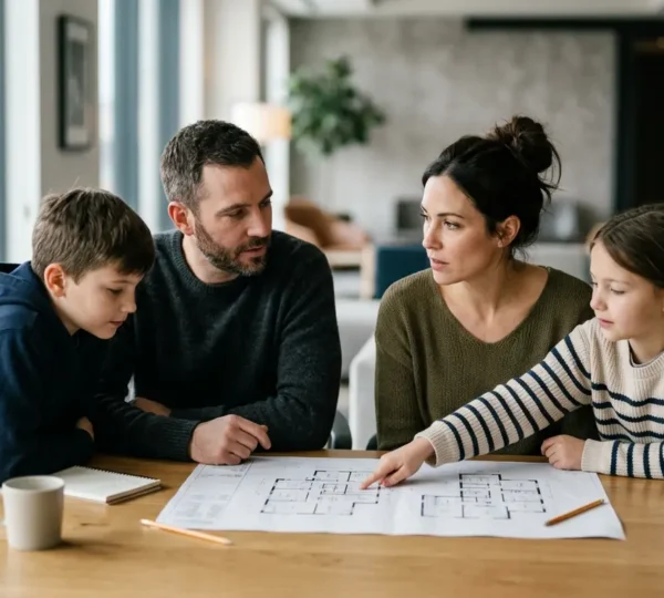 Family contemplating hotel room layout decisions with calm thoughtful expression